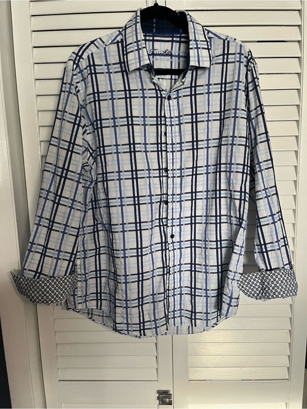 Tasso Elba White Shirt with Blue Plaid